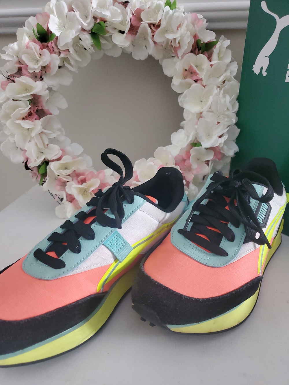 Puma Coral, Mint & Neon Yellow Retro Running Sneakers